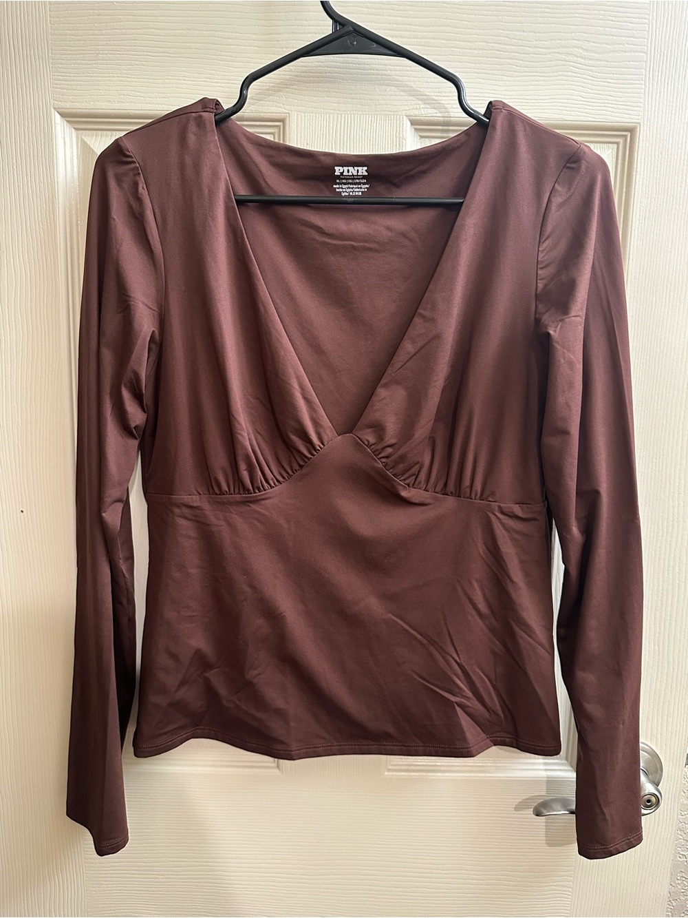 PINK Victoria's Secret Deep V Empire Seam Long Sleeve Top - Dark Brown